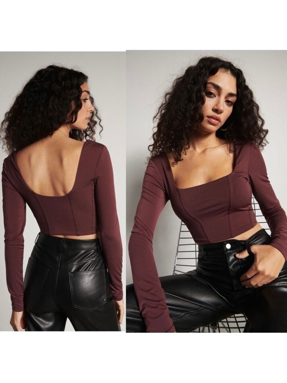 NWT Dynamite Pia Corset Top Catawba Grape Long Sleeve Bodycon Cropped Fit Large